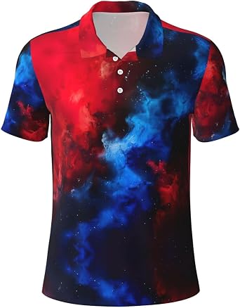 Red Blue Galaxy Print Mens Polo Shirts,Short Sleeve Polo Shirt Stylish Summer T Shirt Casual Golf Shirt