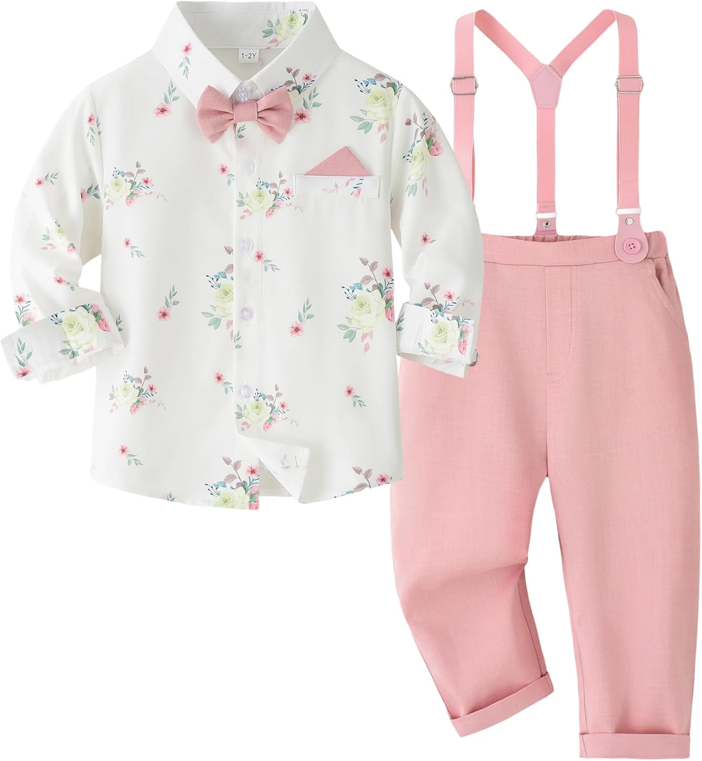 Toddler Boy Formal Suit Set Gentleman Outfits Long Sleeve Shirt with Bow Tie Suspender Pant Boys Wedding Dress Suits