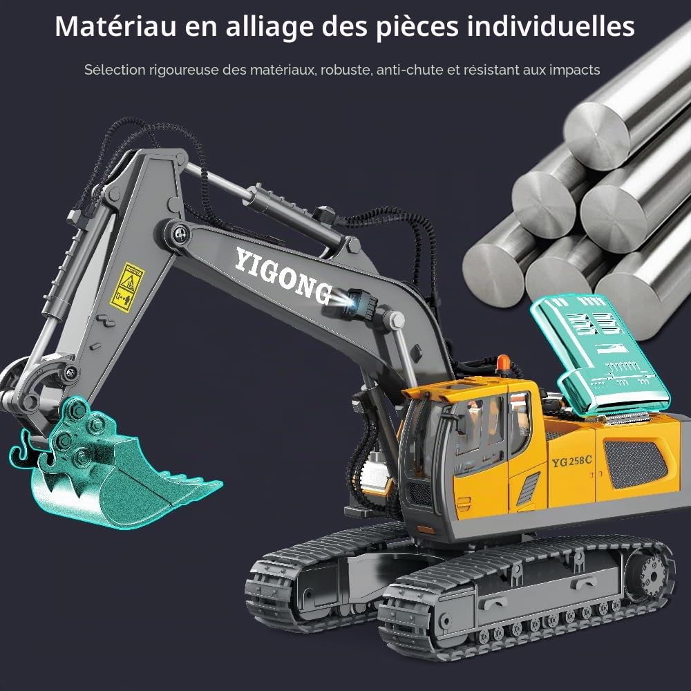 X-Verse Pelleuse télécommandée jouet, véhicule de chantier télécommandé pour enfants, pelleuse sur chenilles RC 1:20 avec pelle en métal, 11 canaux, rotation à 680°, lumière et effets sonores
