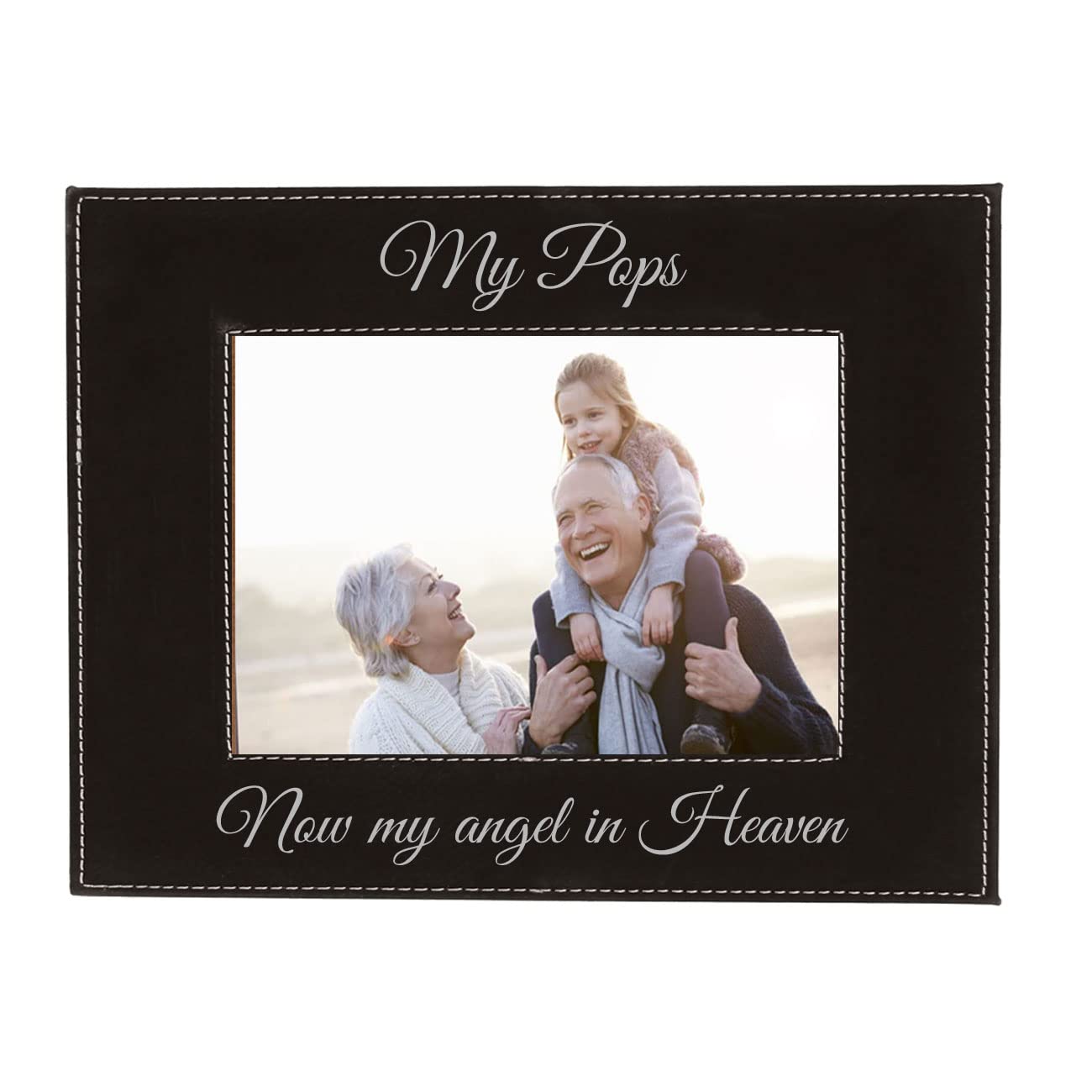 CustomGiftsNow My Pops Now My Angel in Heaven Laser Engraved Faux Leather Black Leatherette Wall Hanging/Tabletop Picture Group Family New First Time Seeing Grandchild Baby Photo Frame