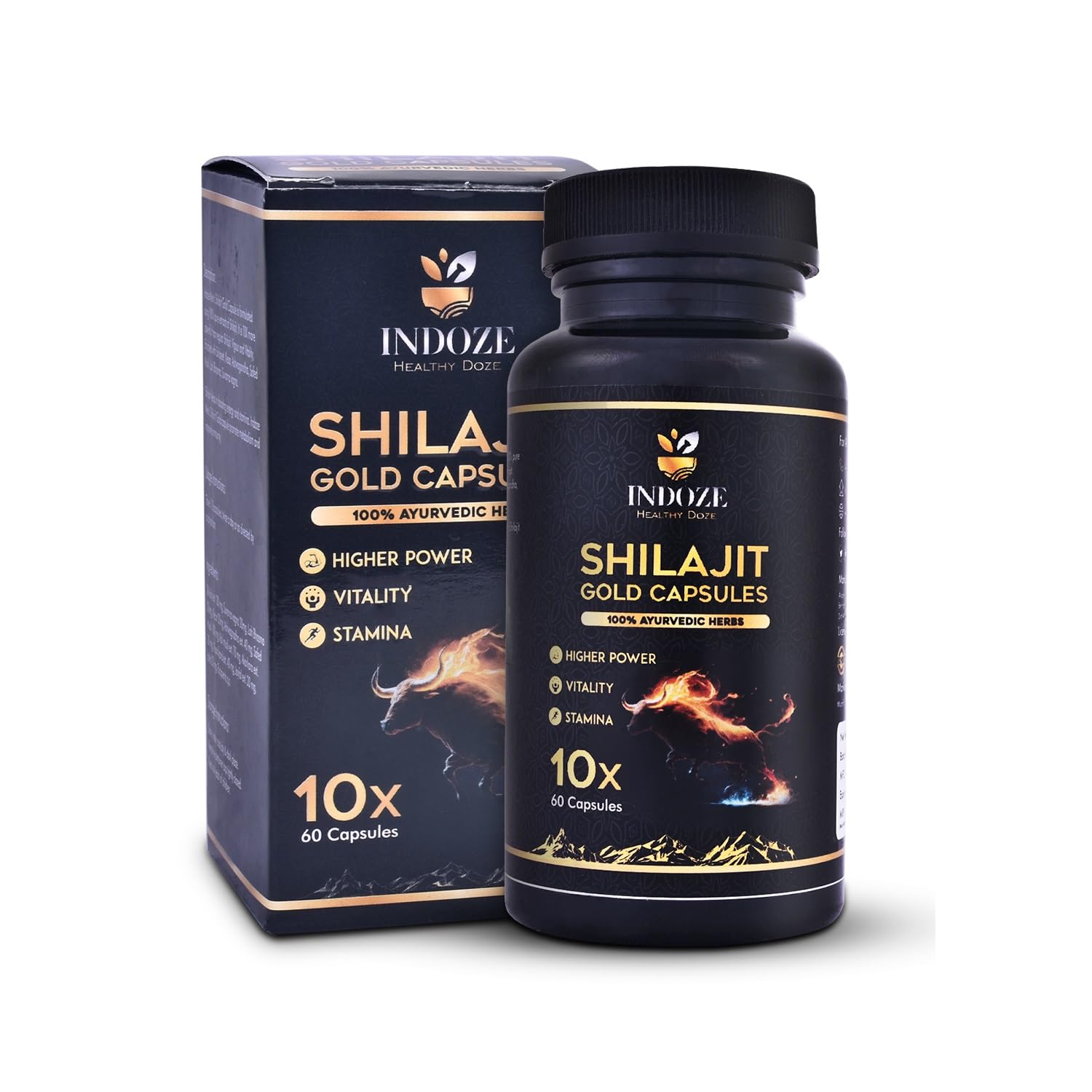 Indoze Pure Shilajit Gold Capsules | Natural Energy, Strength & Stamina Booster for Men & Women | With Shilajit Extract, Ashwagandha & Kesar | 60 Veg Capsules
