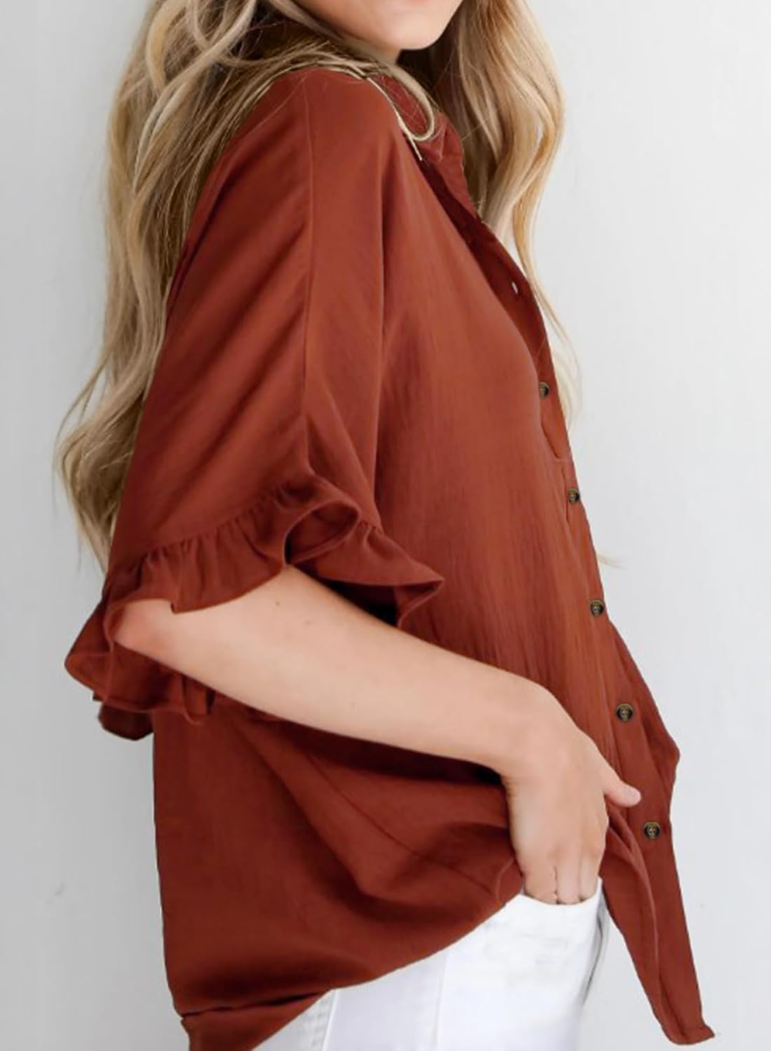 Astylish Women's Button Down Shirts Ruffle Short Sleeve V Neck Wrinkled Dressy Blouse Tops - Image 4