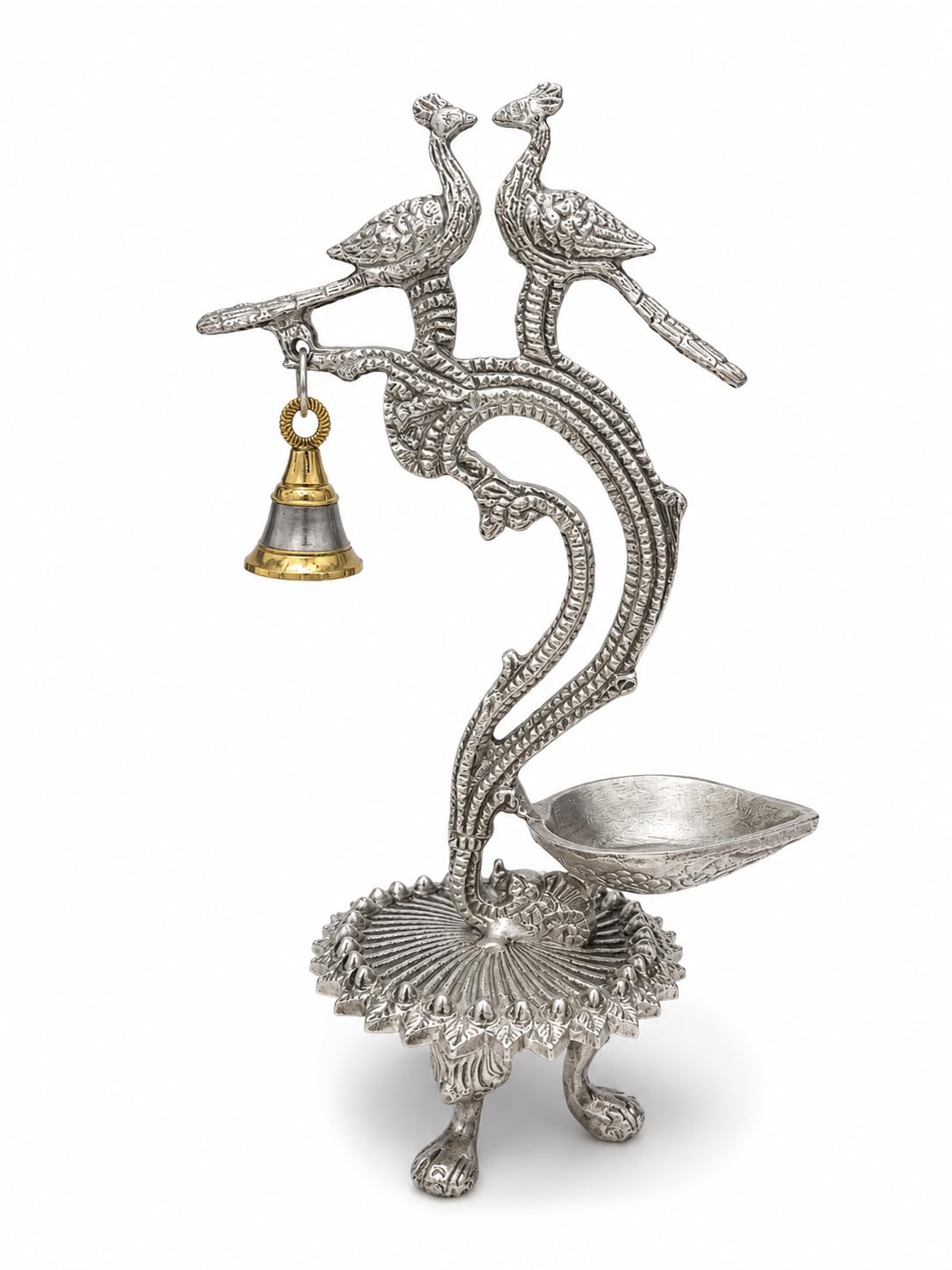 Royal Peacock Decorative Diya with Hanging Bells | Peacock Design Diya, Handcrafted Metal Art, Luxury Festive Décor, Traditional Indian Craftsmanship, Premium Pooja Accessory-picture-20