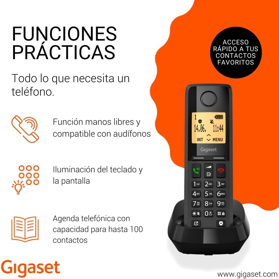 Gigaset Pure 320 - Teléfono DECT Inalámbrico - con Bloqueo de Llamadas y Función Manos Libres - Pantalla y Teclado iluminados - Agenda para hasta 100 contactos, Negro [Compatible en ES, SE]