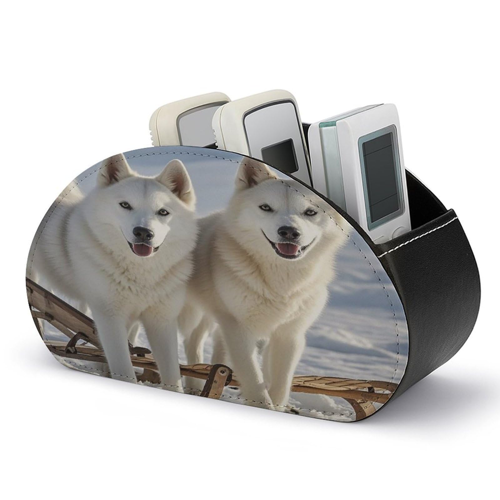 FekiLoot Husky Dogs TV Remote Control Holder with 5 Compartments Multi-functional Leather Bedside Table Remote Caddy Desktop Storage Box for Store Pen Controller Media Player Cosmetic