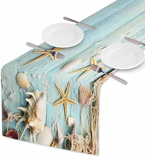Miniatura 2 de HOSNYE Camino de mesa, estrellas y conchas de mar sobre fondo de madera, camino de mesa de lino y algodón para cocina, mesa familiar, mesa de cena,