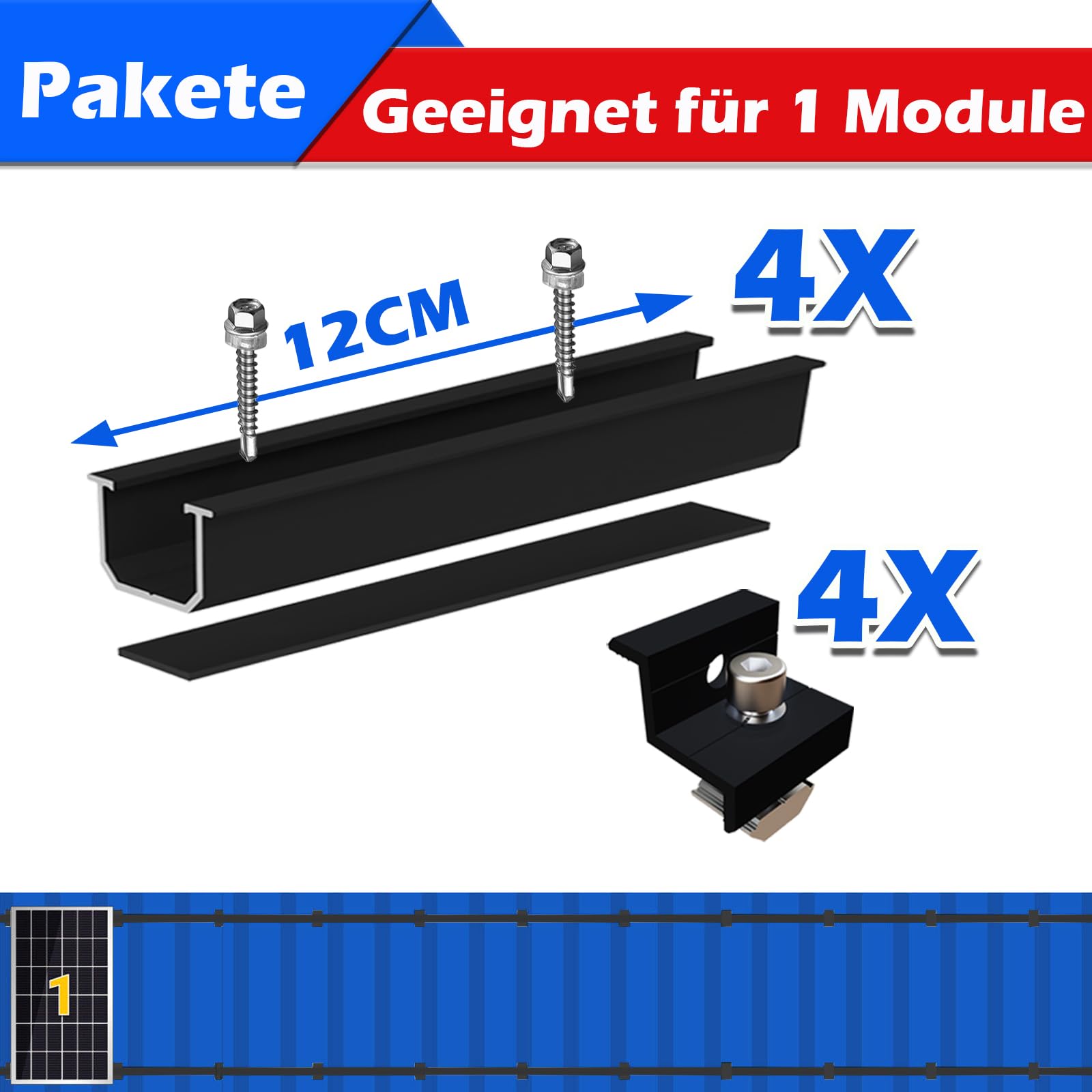 Solar-Halterung Für Balkonkraftwerk & Flachdach – 12 Cm Montageschiene Für 2 Module, Verstellbare Klemmen 30–35 Mm