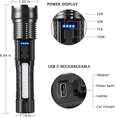 Miniatura 5 de Paquete de 1 linterna recargable, linternas recargables de alto lúmenes L9000, linterna súper brillante potente, linternas tácticas de alto lúmenes,