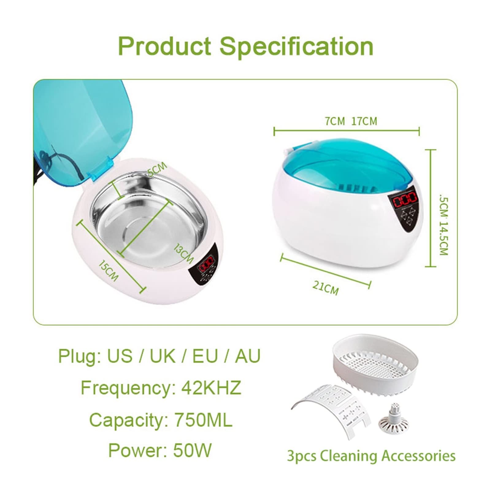 Dispositivo per la Pulizia ad ultrasuoni 75 0 ml CHILTRI Completa di CHIUCHI PROFFIESIONE Completo CASA 5 Timer OGCHI Orologi Denture Chiave DAZIONE PULIZIONE PROFAZIONE