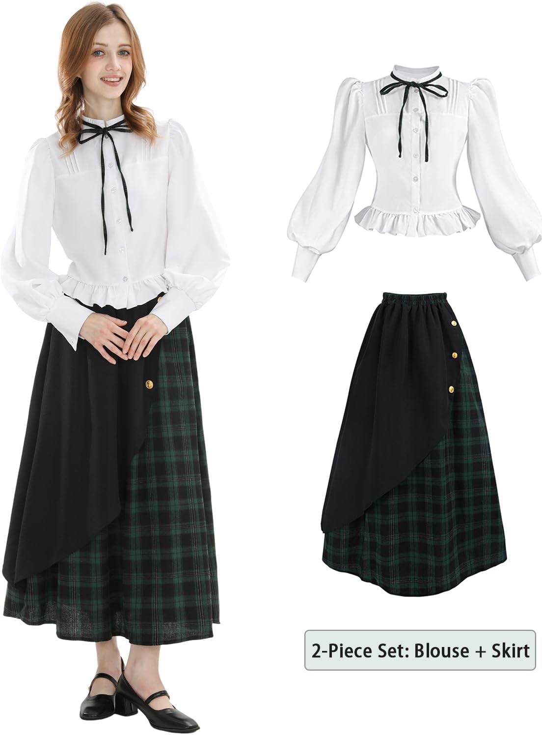 CR ROLECOS Plaid Victorian Dress for Women 2-Piece 1800s Edwardian Renaissance Costume with Pockets - Image 2