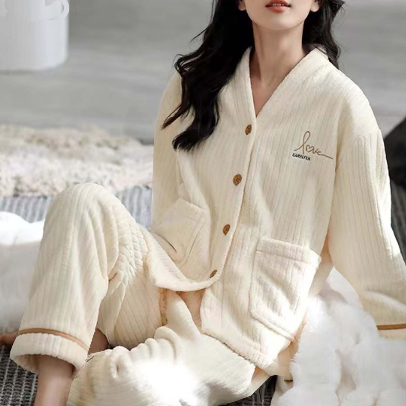 Pyjama Femme 2 Pièce Hiver Pilou Polaire Ensembles De Pyjama Femme Cachemire Huat Col en V Boutons Et De Bas en Peluche Épais Et Chaud Loungewear Vêtements De Nuit Noel avec Poche