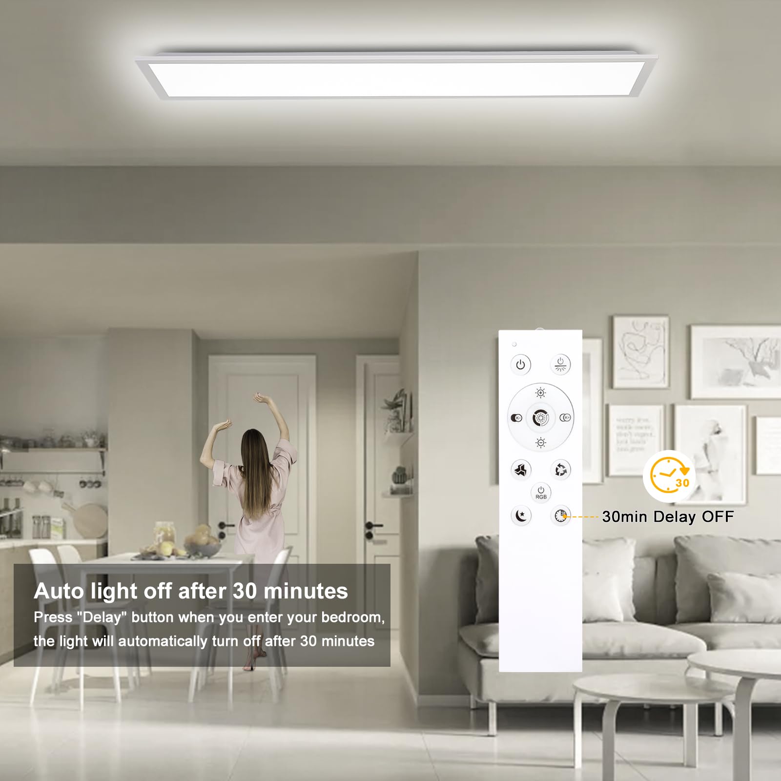 Oraymin LED Panel Deckenleuchte 120x30, RGB Deckenlampe mit Fernbedienung, 40W 4800LM Lampen mit Speicherfunktion, 3000K-6500K LED Lampe Decke als Wohnzimmerlampe, Küchenlampe, Bürodeckenleuchten
