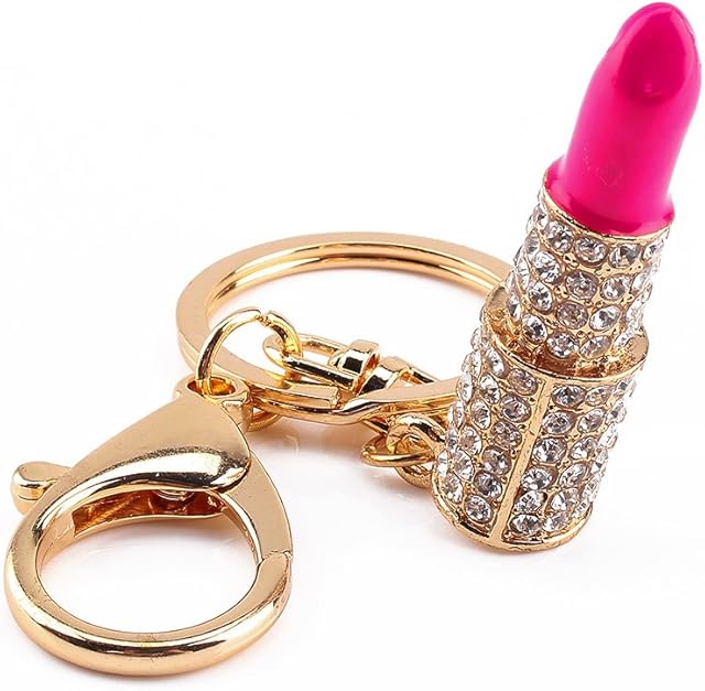 Fdit Lipstick KeyringCrystal Lipstick Makeup Keyring Rhinestone Purse Bag Charm Pendant Keychain Adornment for Girl Woman Lady