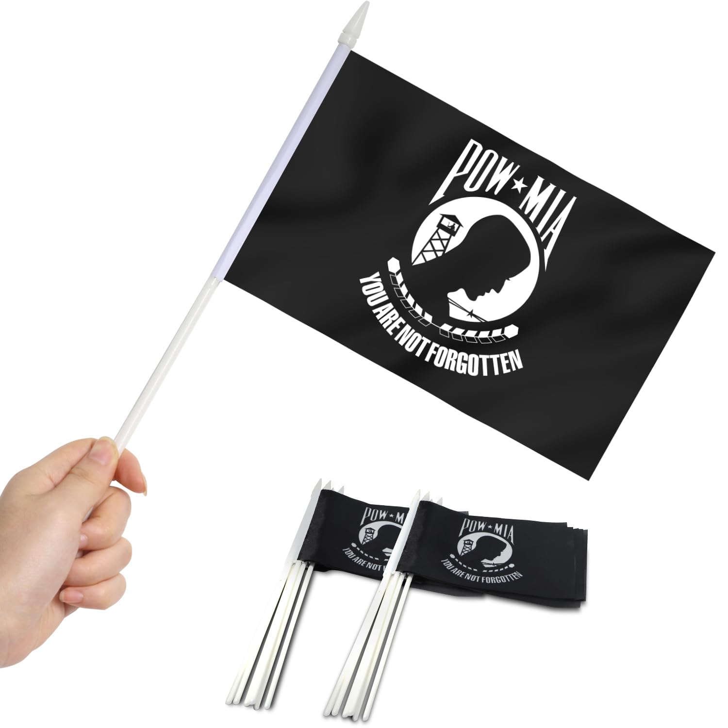 Anley Pow Mia Mini Flag 12 Pack - Hand Held Small Miniature You are Not Forgotten Flags on Stick - Fade Resistant & Vivid Colors - 5.5x8 Inch with Solid Pole & Spear Top