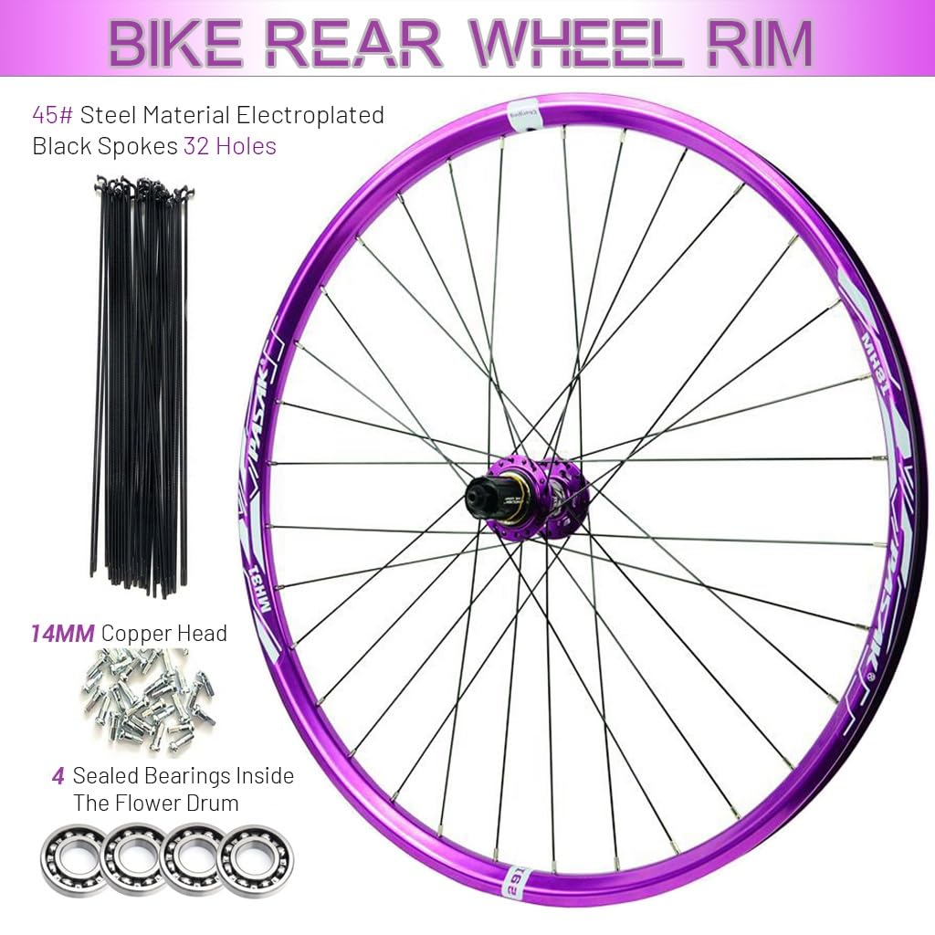 Roues de Vélo Alliage D'aluminium de 24 Pouces 26/27,5/29 Pouces, Jante À Double Paroi Moyeu de Frein À Disque Roulements Scellés Jante Roues de VTT Violettes for 7 À 12 Vitesses