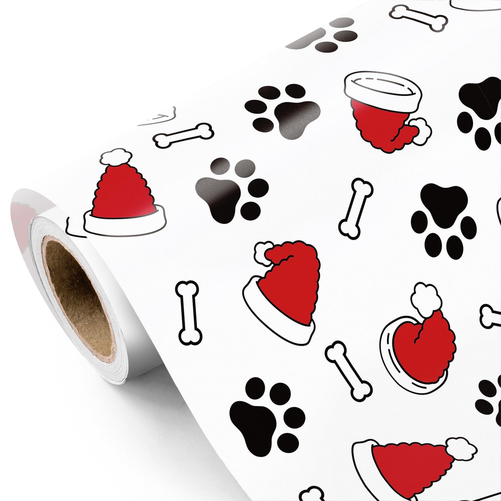 RUSPEPA Dog Christmas Wrapping Paper - Mini Roll - 76cm x 10m - Christmas Hat and Dog Paw Print Wrapping Paper for Xmas, Party Celebration