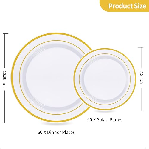 Miniatura 3 de Goodluck 120 platos de plástico dorados, platos dorados desechables resistentes con 60 platos llanos de 10.25 pulgadas y 60 platos de postre de 7.5