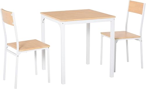HOMCOM - Juego de mesa de comedor cuadrada de madera (3 piezas, 1 mesa y 2 sillas y marco de metal, color blanco