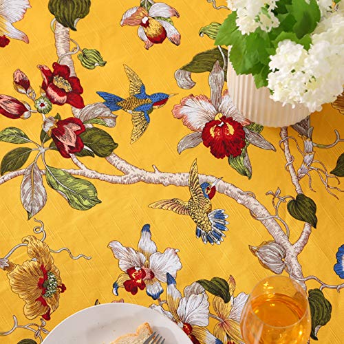 Unitendo Pastoral Countryside Style Linen Cotton Table Cloths/Table Cloth With Delicate Blooming Floral And Lively Birds Design Yellow, 60"X60" Round. #TOP3
