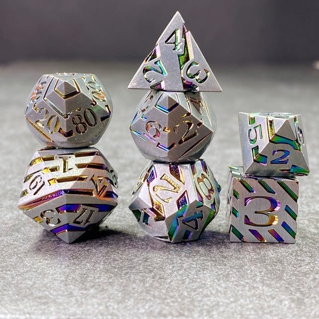 Sage's Portal Dimension Stones Metal DND Dice 7 Piece Polyhedral Dice Set for DND TTRPG Dungeons and Dragons Pathfinder Oversized Designer Dice (Matte Silver/Holographic)