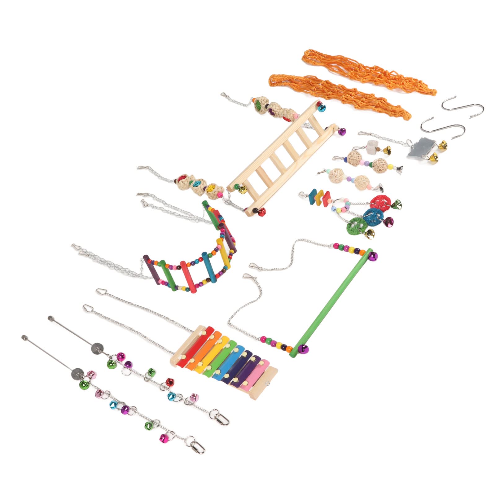 12-teiliges Hühnerstall-Spielzeug, bunte Leier, Schaukel, Hängebrücke, Leiter, Obstgabeln, Spiegel, Rattan-Kugelschnur-Set