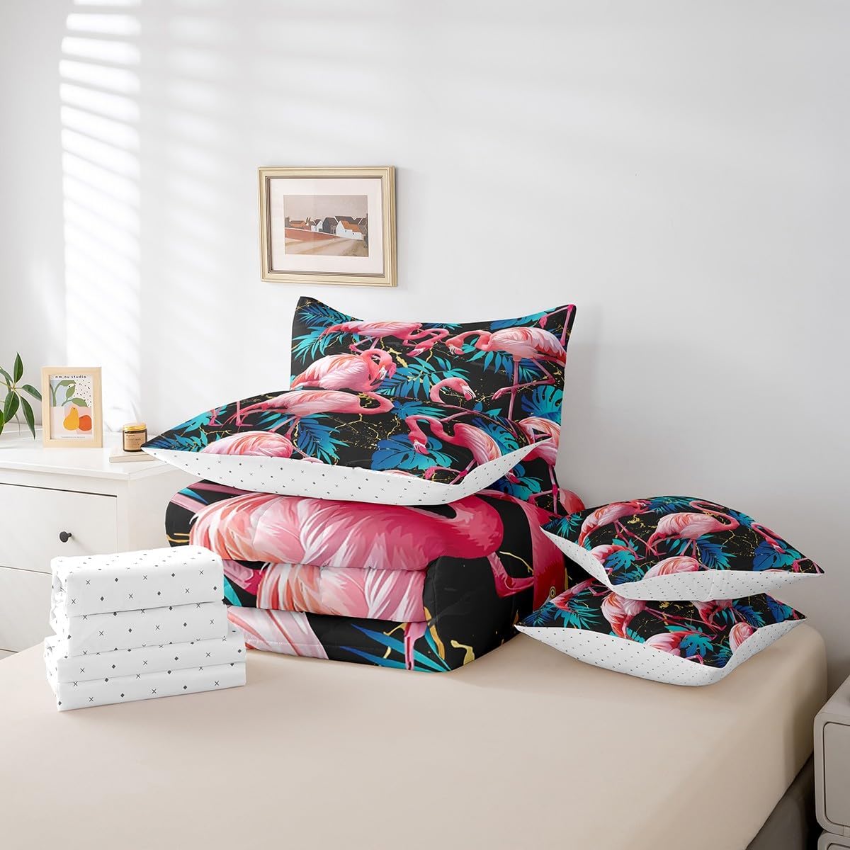 Castle Fairy Flamingo Comforter Set Queen Size,Tropical Palm Leaves Bedding Set for Kids Teens,Golden Black Marble (Comforter+Fitted+Flat Sheet+2 Pillowcases+2 Throw Pillow Covers) 7 Pieces