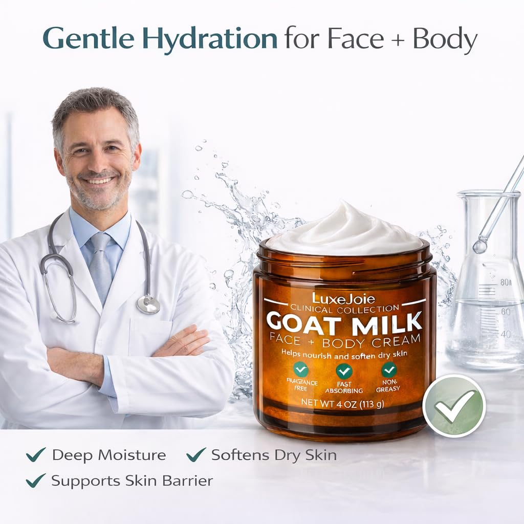 LuxeJoie Goat Milk Face Cream – Fragrance Free Moisturizer for Dry & Sensitive Skin – Fast Absorbing Non Greasy Hydration – Gentle Goat Milk Face & Body Lotion with Shea Butter – 4 oz
