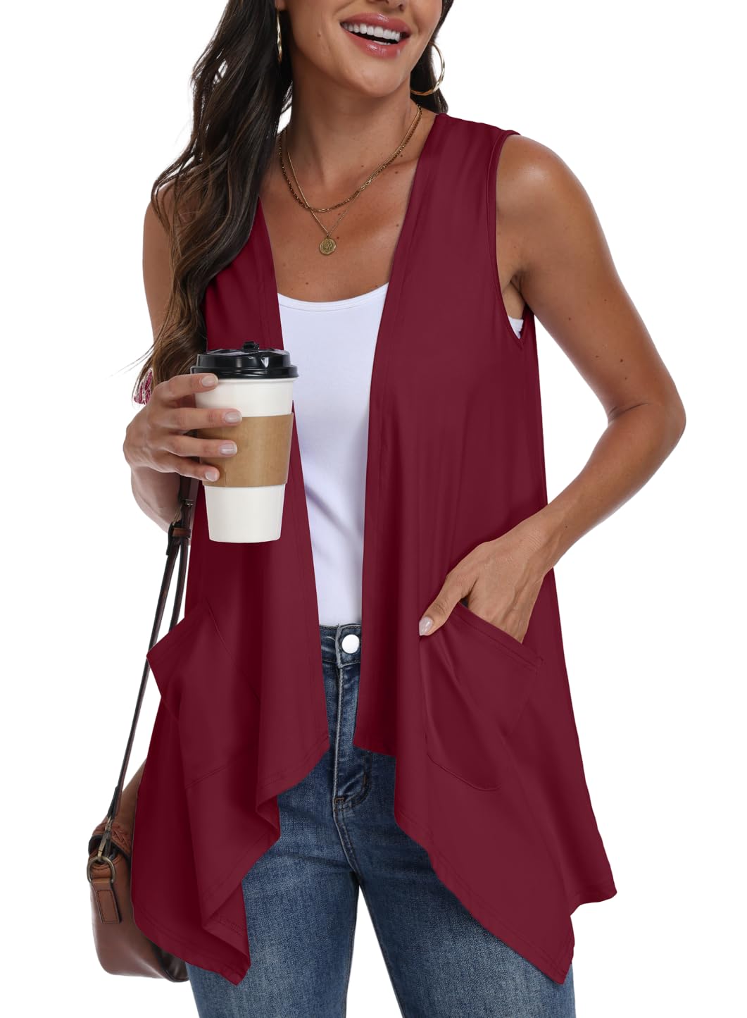 PrinStory Damen Ärmellose Strickjacke Leichte Sommer Weste Mit Taschen Asymmetrischem Saum Offene Vorderseite Strickweste