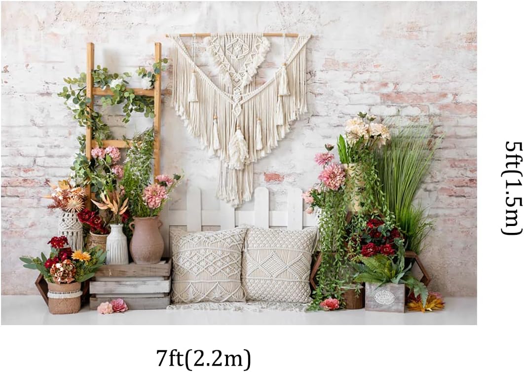 Kate 7x5ft Spring Garden Colorful Flowers Decoration Photography Backdrops Rustic Brick Wall Boho Style Pillows Decor Photo Background Shooting