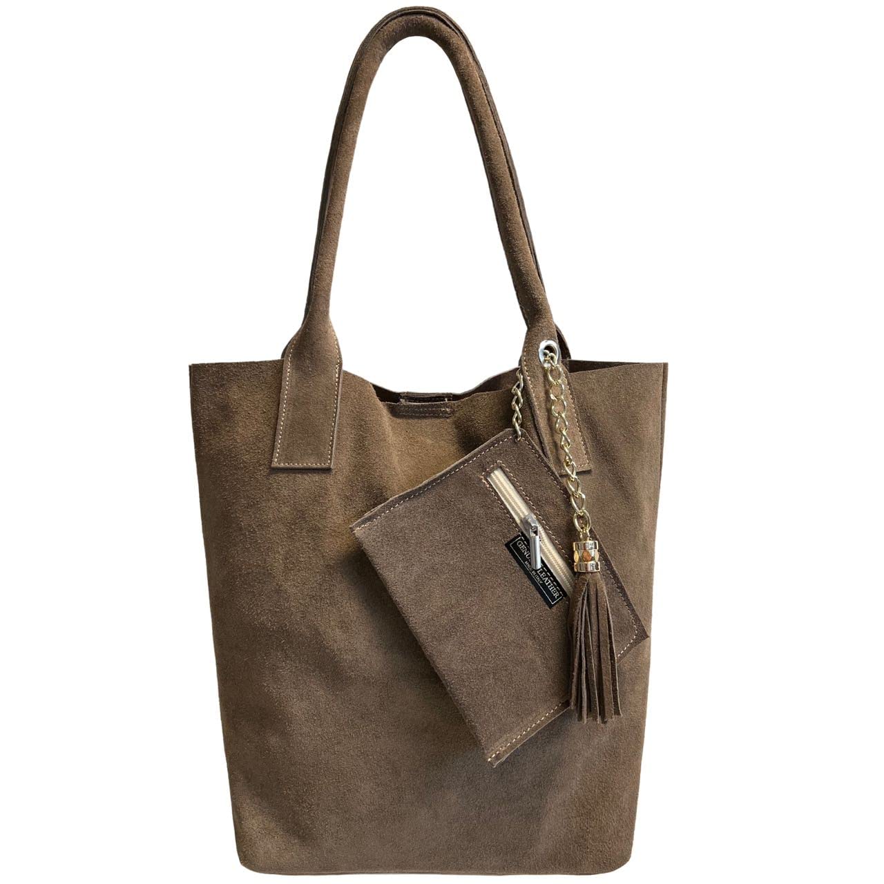 Borsa shopper da donna in vera pelle scamosciata, con custodia per gioielli dello stesso colore - Borsa a mano - Borsa a spalla