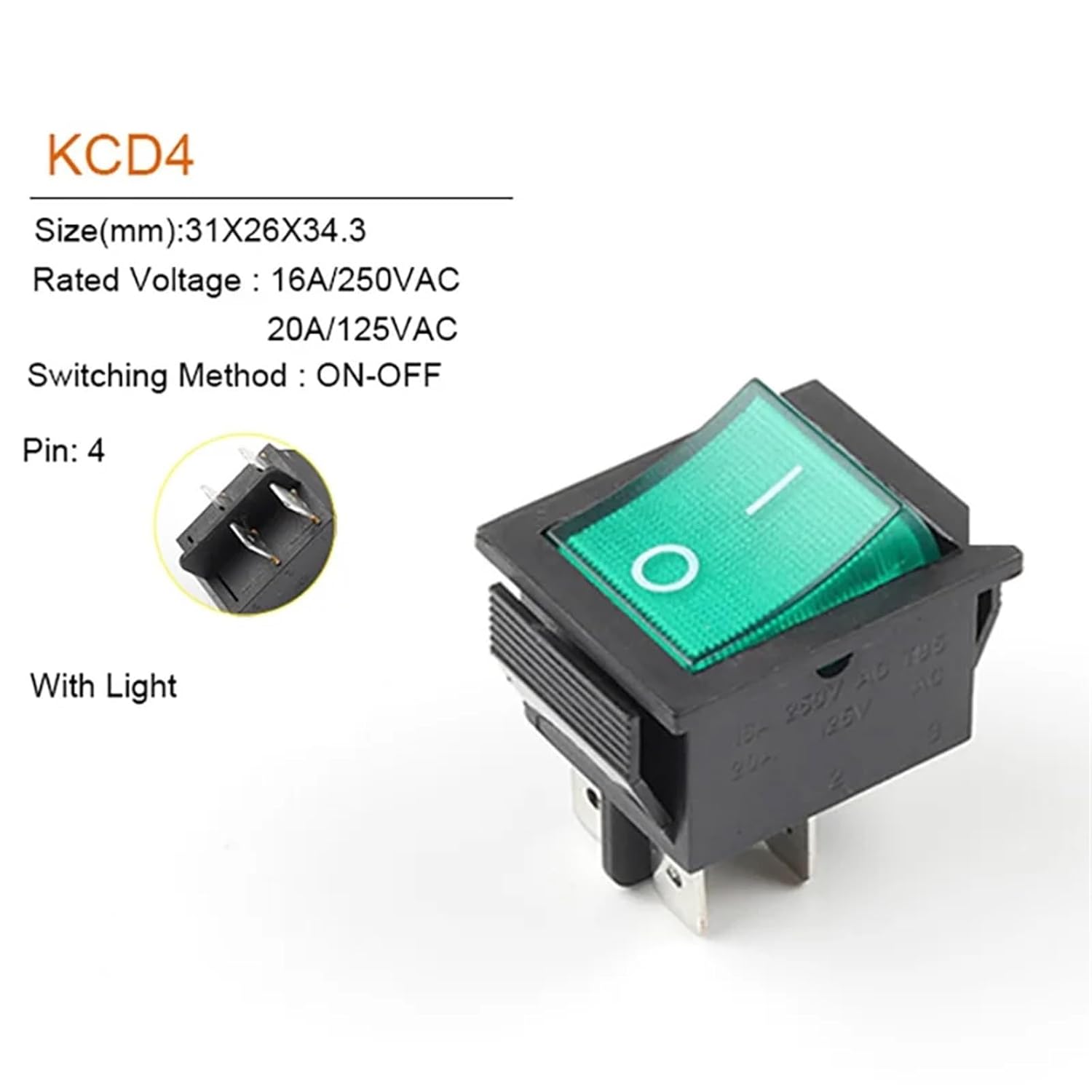 5PCS KCD4 Rocker Switch ON-Off 2 Position 4 Pin Electrical Equipment with Light Power Switch Switch Cap 16A 250VAC/20A 125VA(4P with Blue Light)