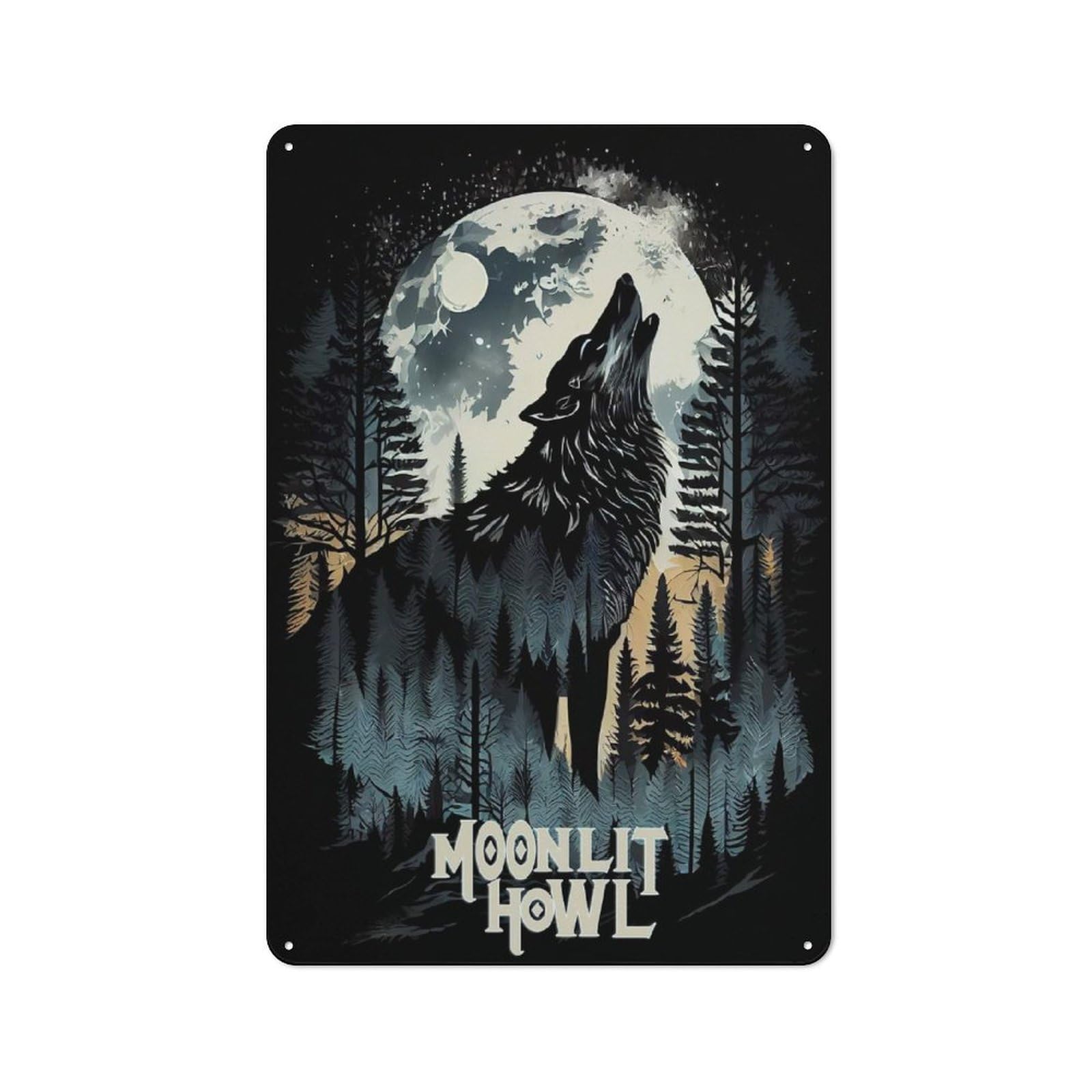 Junmoney Moonlit Howl Wolf Vintage Tin Sign 30X20cm, Country Style Bistro Wall Plaque For Bakery, Diner, Cafe Or Family Room