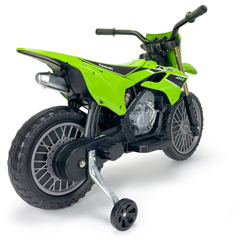 Elektro Motorrad Kinder 3-6 Jahre Kawasaki 12V Offiziell Lizenziert + Fußpedal + Automatische Bremse + Stützräder + Motocross Design | INJUSA