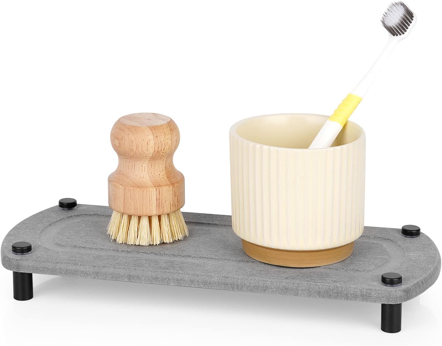 Sink Caddy Instant Dry Kitchen Sink Organizer Sponge Holder for Kitchen Sink Diatomaceous Pedestal Stand Riser with Stainless Steel Feet Protection for Modern Home (Grey)