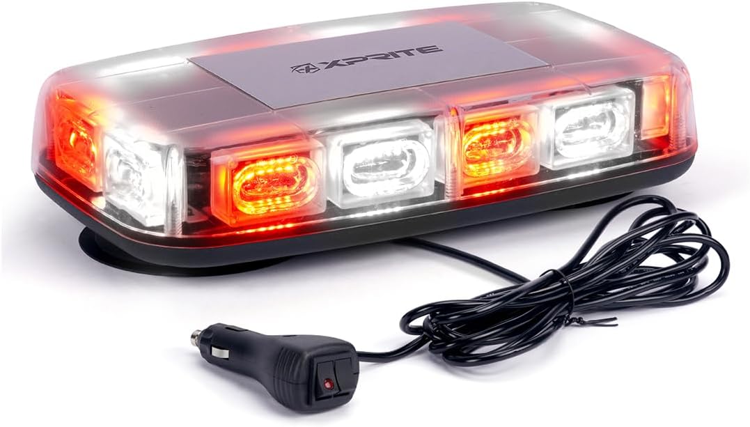 Xprite Upgraded 12" 72LED Rooftop Mini Strobe Lights, Emergency Safety Flashing Beacon Light bar with Magnetic Base for 12V-24V Construction Vehicles, Trucks, Snow Plow, Postal Car (Mix White/Red)