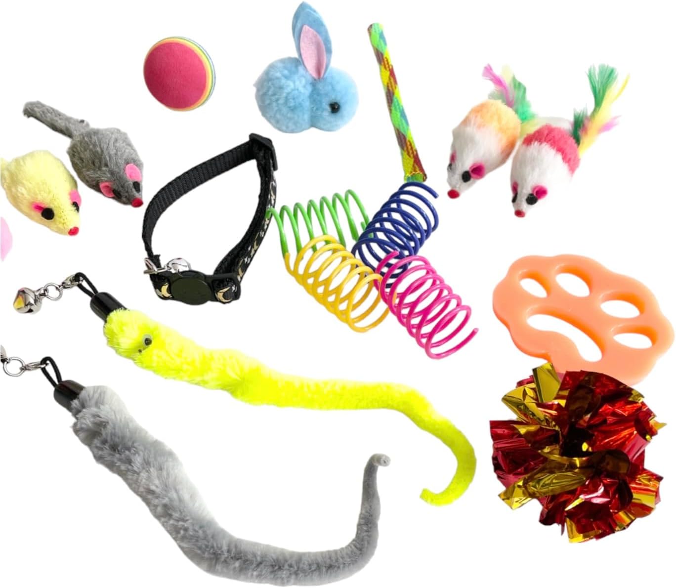 Cat Kitten Toys 16 Assortment Interactive Set with Cat Collar Silicone Pet Hair Remover Crinkle Ball Mesh Tube Plush Pom Pom Balls Spiral Springs Rattle Mice Plush Bunny
