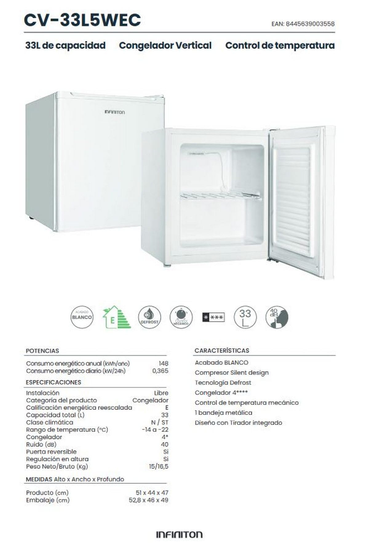 INFINITON | Congelador Vertical - CV-33L5WEC | Capacidad 33 Litros | 51 cm de Altura | Ciclico | Color Blanco