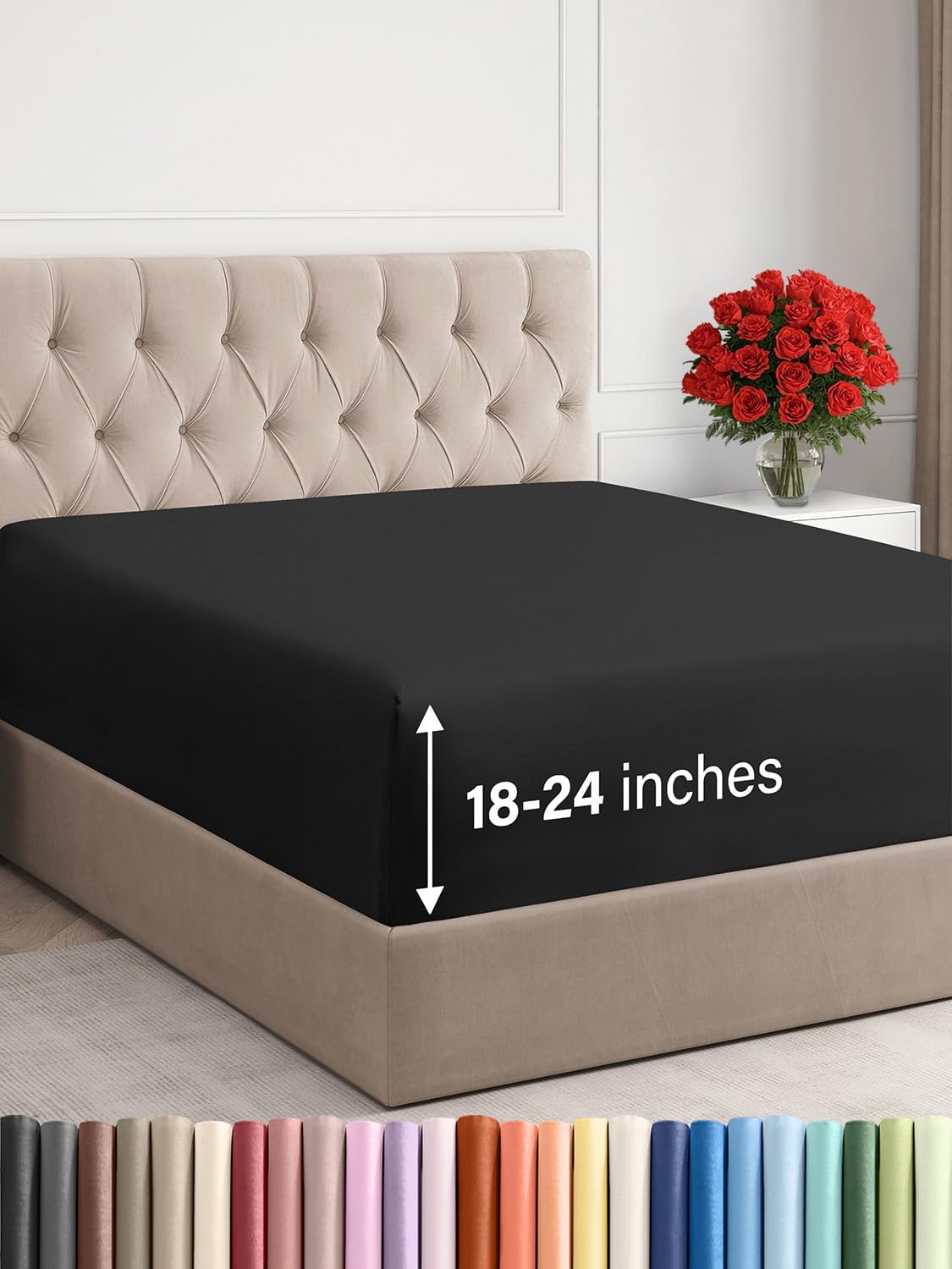 Extra Deep Queen Fitted Sheet - Hotel Luxury Single Fitted Sheet Only - Easily Fits 18 inch to 24 inch Mattress - Ultra Soft, Wrinkle Free w/Extra Deep Pockets - Easy-Care, Breathable & Comfy - Black Queen 25 - Black