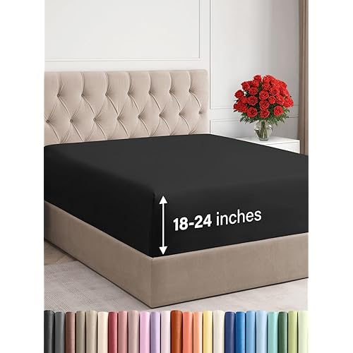 Extra Deep Queen Fitted Sheet - Hotel Luxury Single Fitted Sheet Only - Easily Fits 18 inch to 24 inch Mattress - Ultra Soft, Wrinkle Free w/Extra Deep Pockets - Easy-Care, Breathable & Comfy - Black