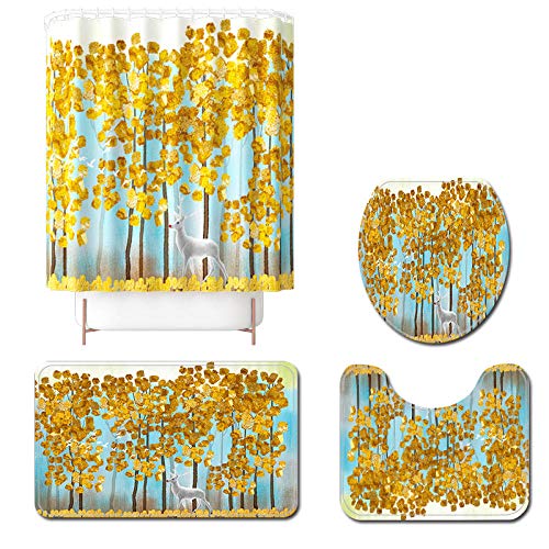 Claean-Acces-Home Toilettenteppich Vorleger Bedruckte Blätter Badematte Und Duschvorhang Set Mikrofaser Toilettenboden…