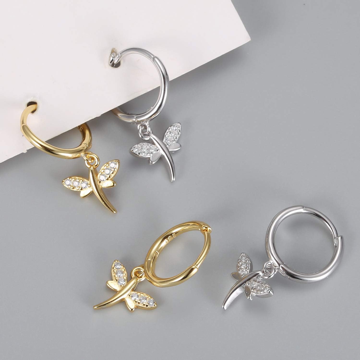 Dainty Dangle Hoop Earring for Women - Small Huggie Hoop Earrings Sets with Butterfly, Bee, Key Charm in 925 Sterling Silver or 18K Gold Plated - Image 5