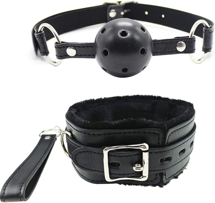Open Breathable Leather Paly Ball and Soft Leather Choker Collar Fur Line Necklace and Leash Black