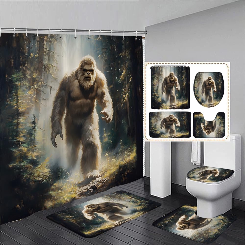 4Pcs Funny Sasquatch Shower Curtain Set with Bath Rug U Shape Mat and Toilet Lid Cover Misty Forest Green Pine Fir Tree Farmhouse Rustic Wild Man Country Hunting Bathroom Decor Set with 12 Hooks
