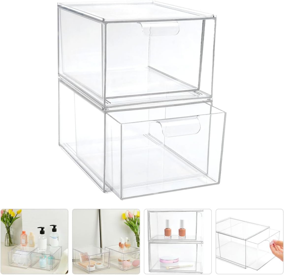 2pcs Plastic Makeup Organizer Box with Removable Compartments, Household Sundries Storage Container for Lipstick and Nail Polish, Cosmetic Display Case for Vanity and Travel