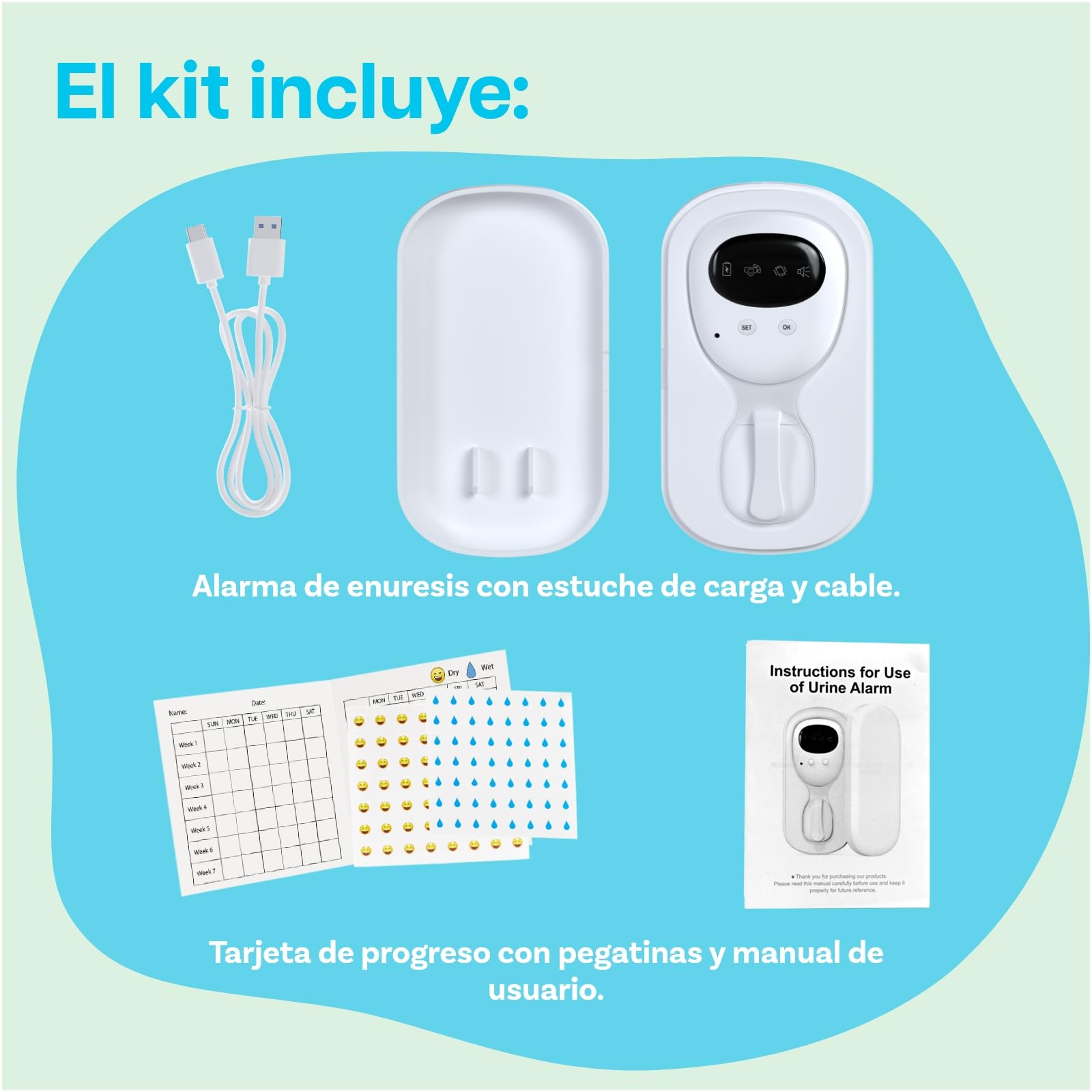 Alarma Enuresis Inalámbrica por MMOBIEL – Alarma Pipi Recargable para Niños y Personas Mayores - Sensor Orina con Sonido y Vibración - Entrenamiento para ir al Baño - Pipi Stop Niños Alarm