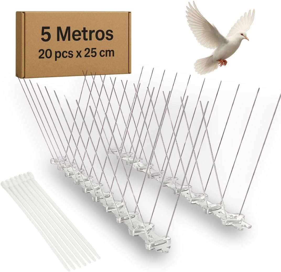 Pinchos Antipalomas - 5 m con 20 Módulos de 25 cm - Ahuyentador Palomas en Acero Inoxidable - Espanta Palomas con 40 Bridas - Antipalomas para Balcon, Tejado, Cornisa