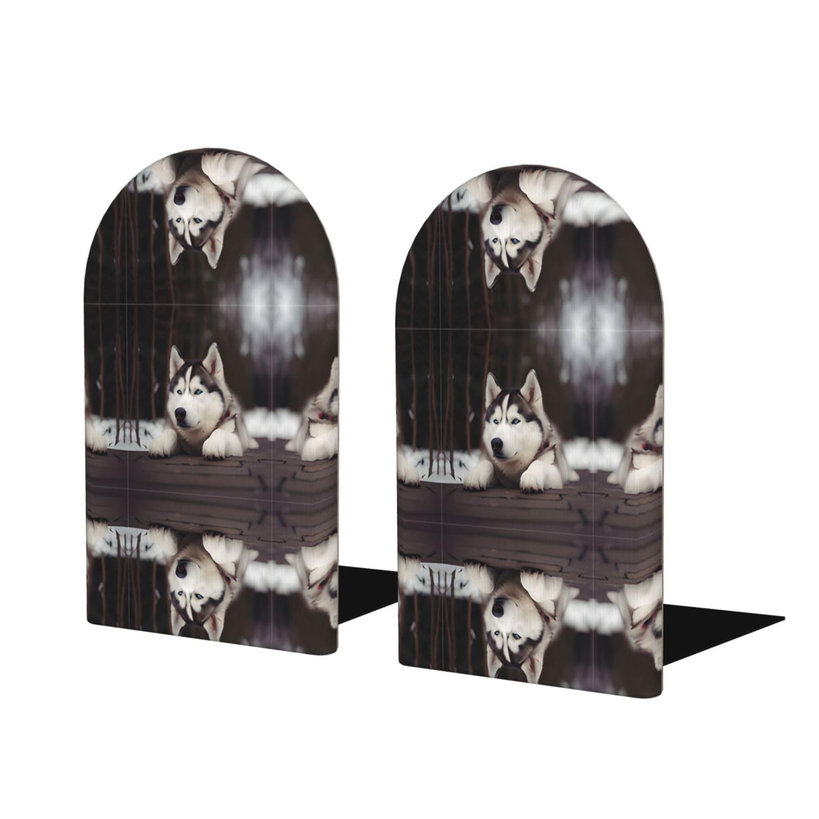 Cute Husky Dog Stylish Bookends with Full-Print Design Durable Wooden and Metal Bookend Set for Home, Office