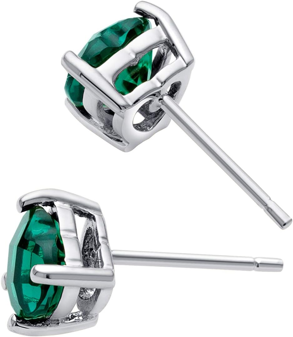 Peora Solid 14K White Gold Created Emerald Heart Stud Earrings for Women, Classic Solitaire Studs, 6mm, 1.50 Carats total, Friction Back, Dainty Green, Jewelry