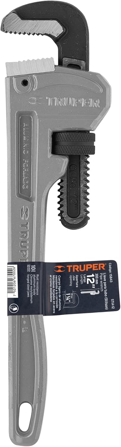 Truper 12" (30cm) 1 1/4" (32mm) Aluminum Pipe Wrench - Forged Chrome-Moly Steel Jaws, I-Beam Handle Design, Light & Strong, 50% of the Weight