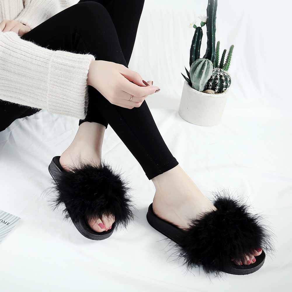 Chanclas para Mujer, Pantuflas de Piel para Mujer, cómodas, Suaves, cálidas, para Invierno, para el hogar, Chanclas peludas de Piel sintética a la Moda, Zapatos de Felpa, Mujer esponjosa para Interi